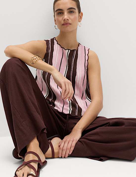 Linen Rich Striped High Neck Vest Top