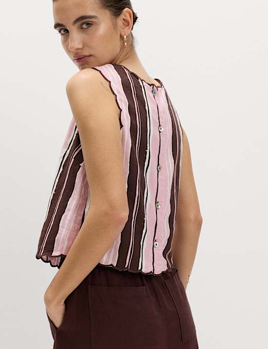 Linen Rich Striped High Neck Vest Top