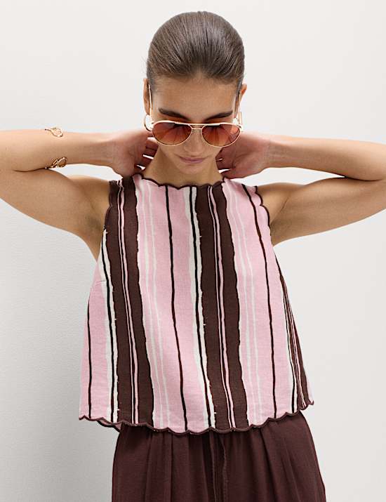 Linen Rich Striped High Neck Vest Top