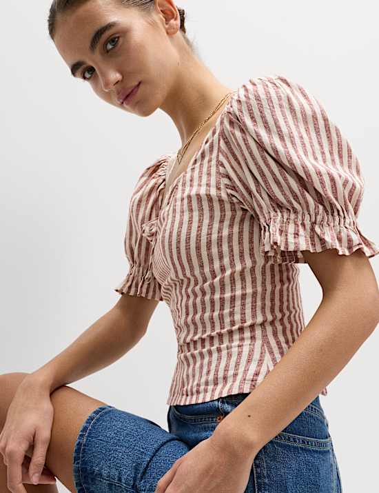 Linen Rich Printed Sweetheart Neck Top