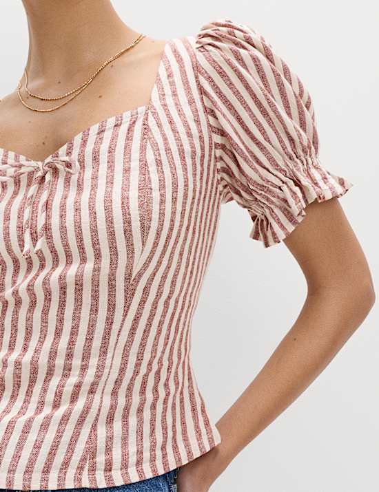 Linen Rich Printed Sweetheart Neck Top
