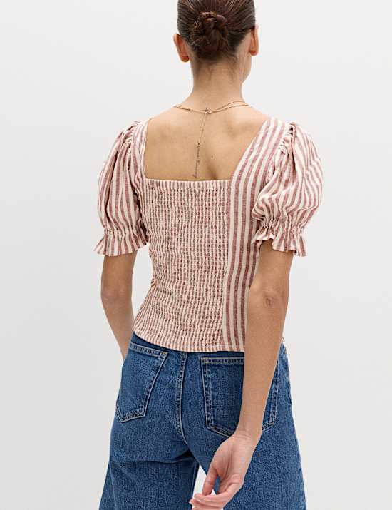 Linen Rich Printed Sweetheart Neck Top