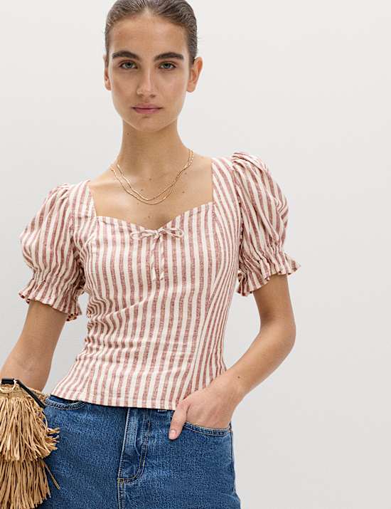 Linen Rich Printed Sweetheart Neck Top