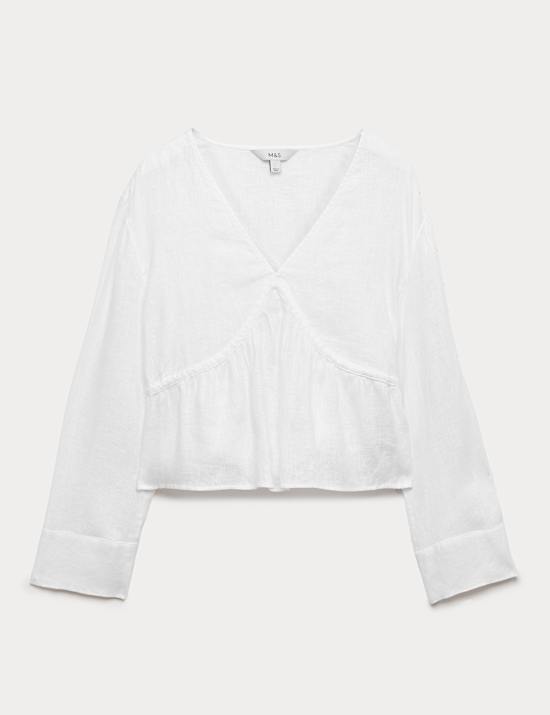 Pure Linen V-Neck Peplum Top