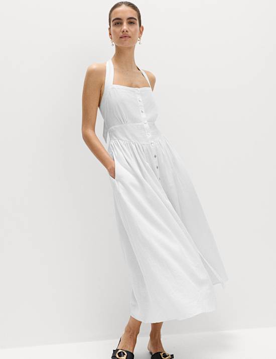 Maxi-Strandkleid mit hohem Leinenanteil und Neckholder