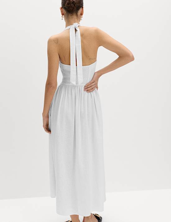 Maxi-Strandkleid mit hohem Leinenanteil und Neckholder