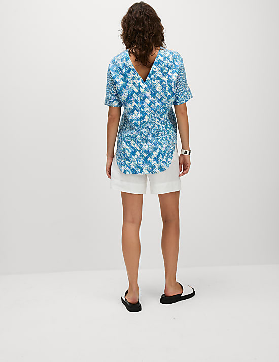 Pure Linen Printed Relaxed Popover Blouse