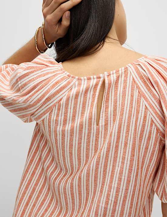Linen Rich Striped Puff Sleeve Blouse