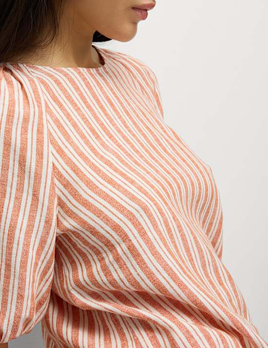 Linen Rich Striped Puff Sleeve Blouse