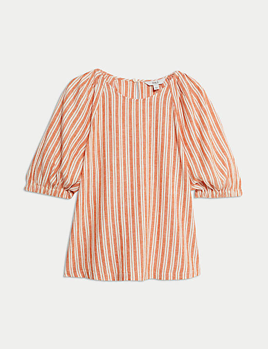 Linen Rich Striped Puff Sleeve Blouse