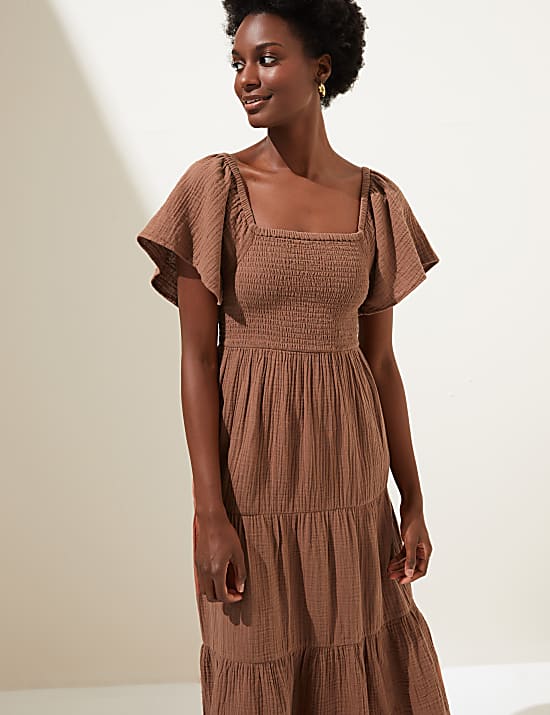 Pure Cotton Square Neck Midi Beach Dress