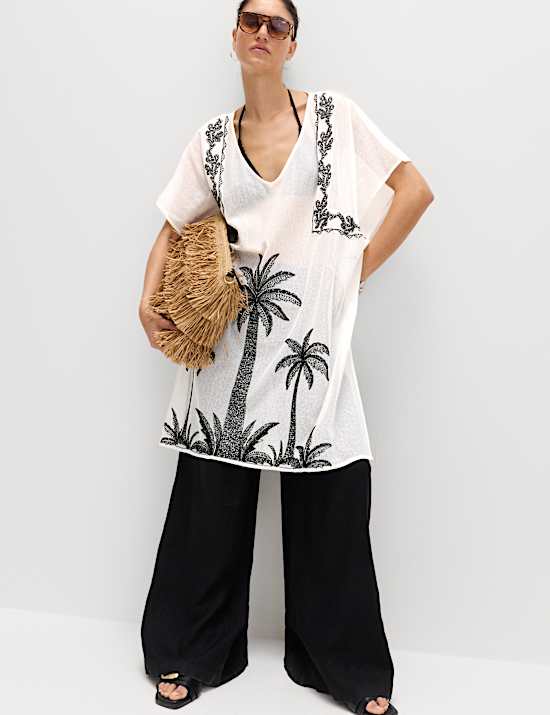 Cotton Rich Embroidered Mini Kaftan Dress