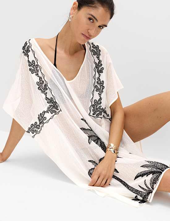 Cotton Rich Embroidered Mini Kaftan Dress