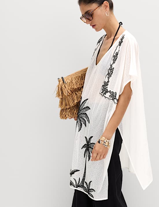Cotton Rich Embroidered Mini Kaftan Dress