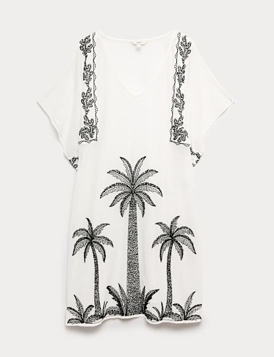 Cotton Rich Embroidered Mini Kaftan Dress