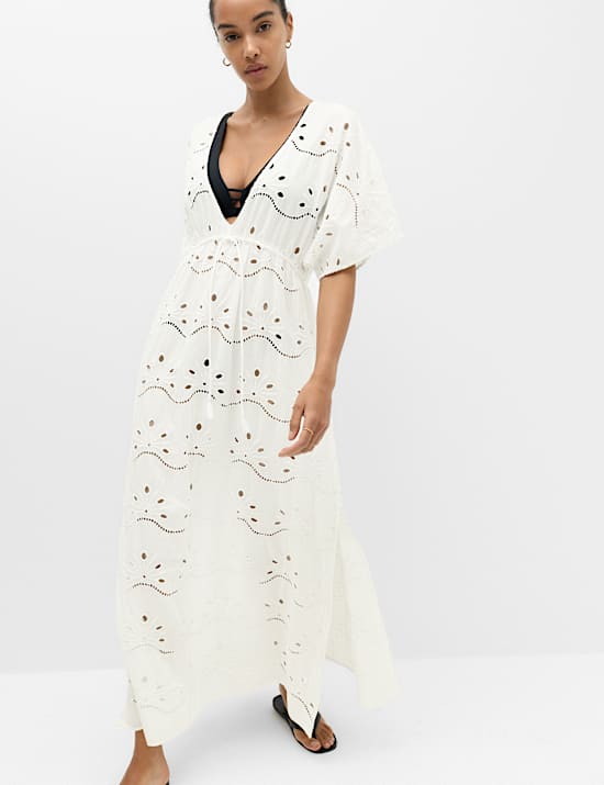 Maxi-Kaftan aus reiner Baumwolle mit Durchbruchdetail