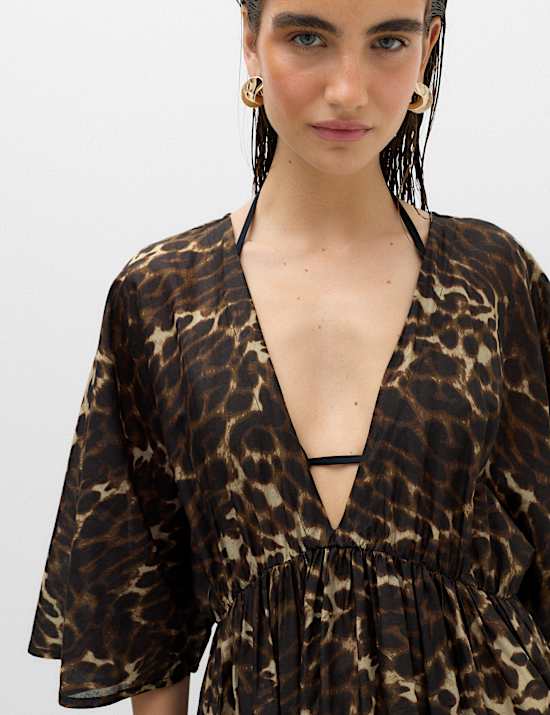 Puur katoenen bedrukte, doorschijnende kaftan met V-hals.
