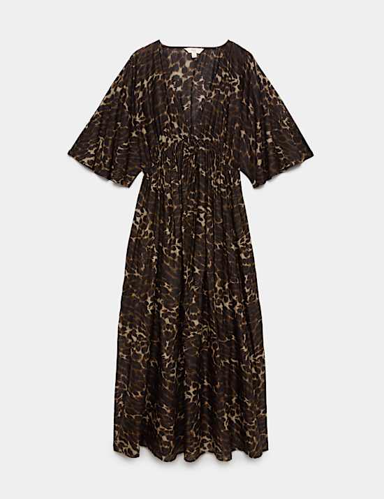Puur katoenen bedrukte, doorschijnende kaftan met V-hals.