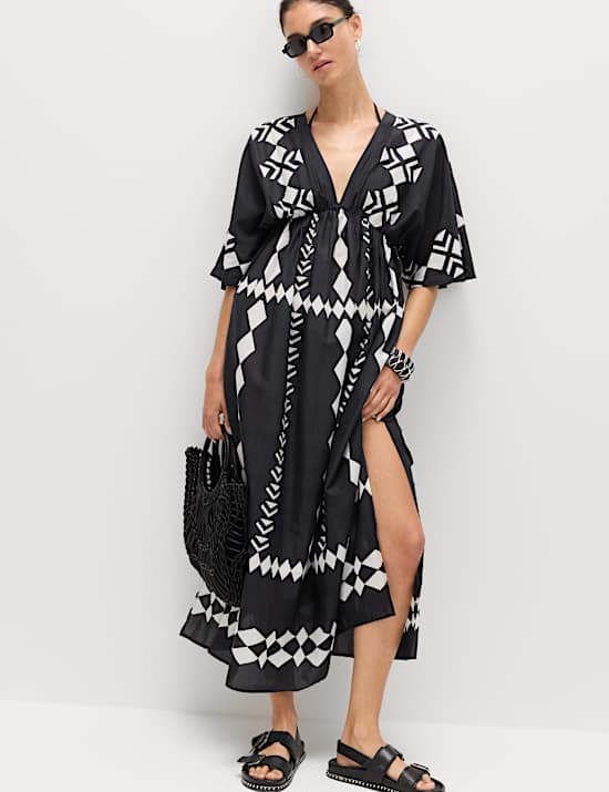 Caftan transparent imprim&eacute; &agrave; col en V 100 % coton