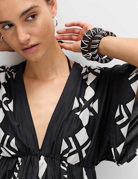 Caftan transparent imprim&eacute; &agrave; col en V 100 % coton