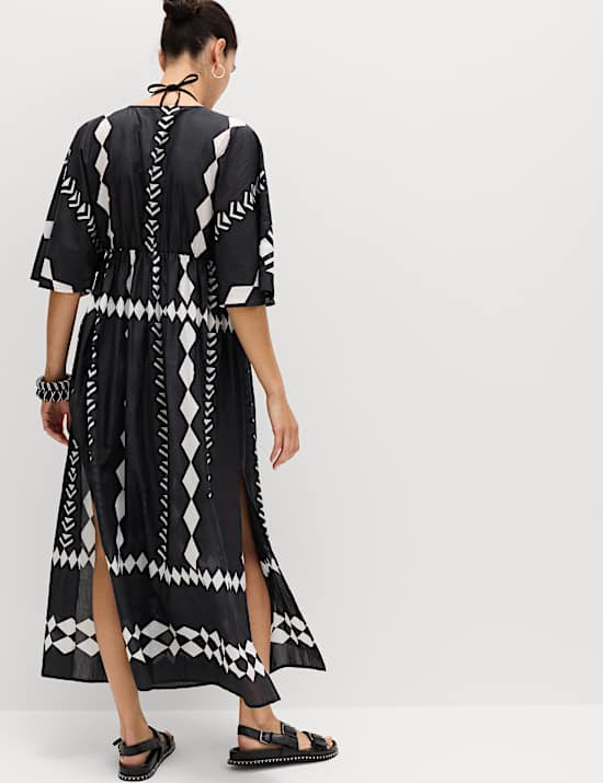 Caftan transparent imprim&eacute; &agrave; col en V 100 % coton