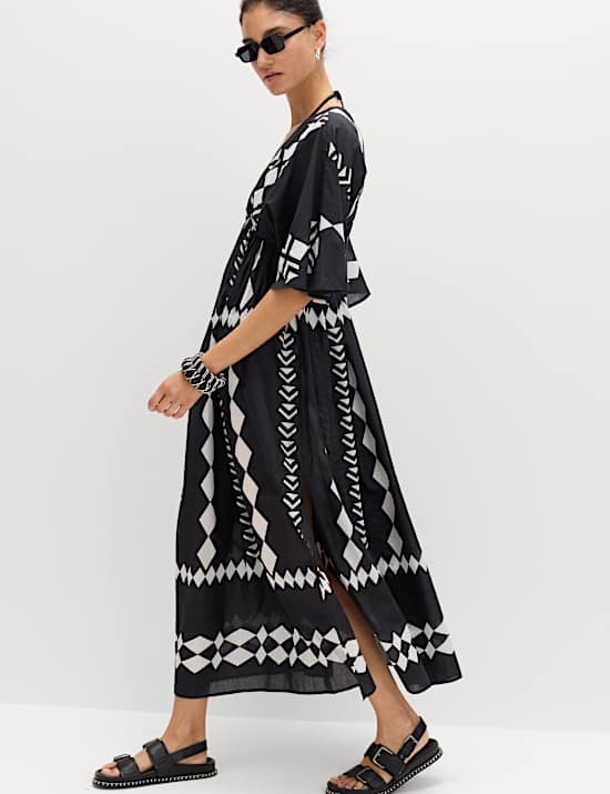 Caftan transparent imprim&eacute; &agrave; col en V 100 % coton