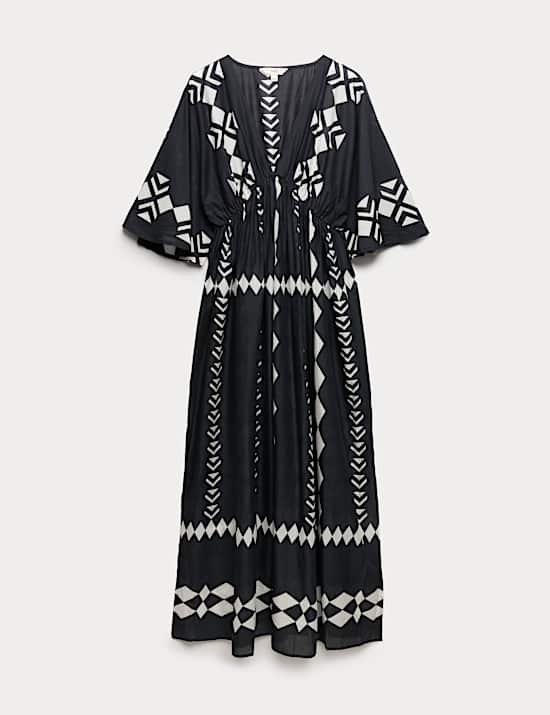 Pure Cotton Printed V-Neck Sheer Kaftan