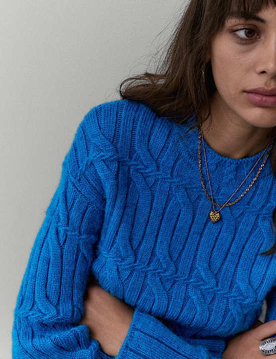 Cable Knit Funnel Neck Jumper with Wool