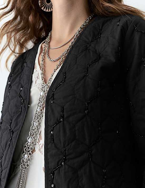 Pure Cotton Embellished Quilted Collarless Jacket