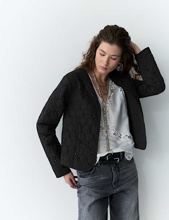 Pure Cotton Embellished Quilted Collarless Jacket