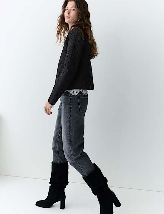 Pure Cotton Embellished Quilted Collarless Jacket