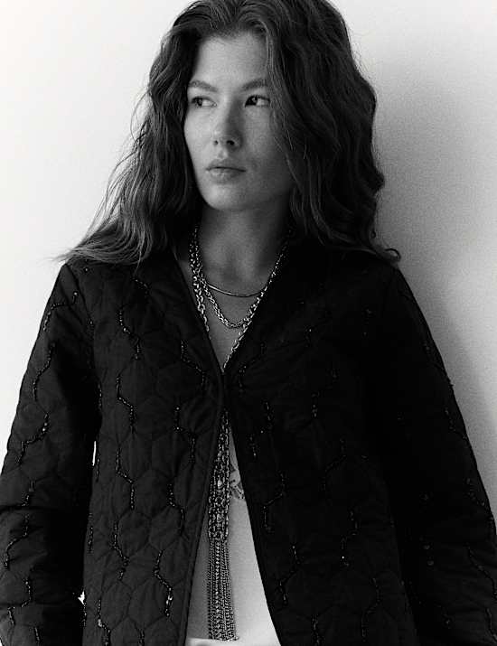 Pure Cotton Embellished Quilted Collarless Jacket