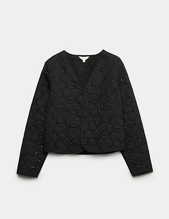 Pure Cotton Embellished Quilted Collarless Jacket