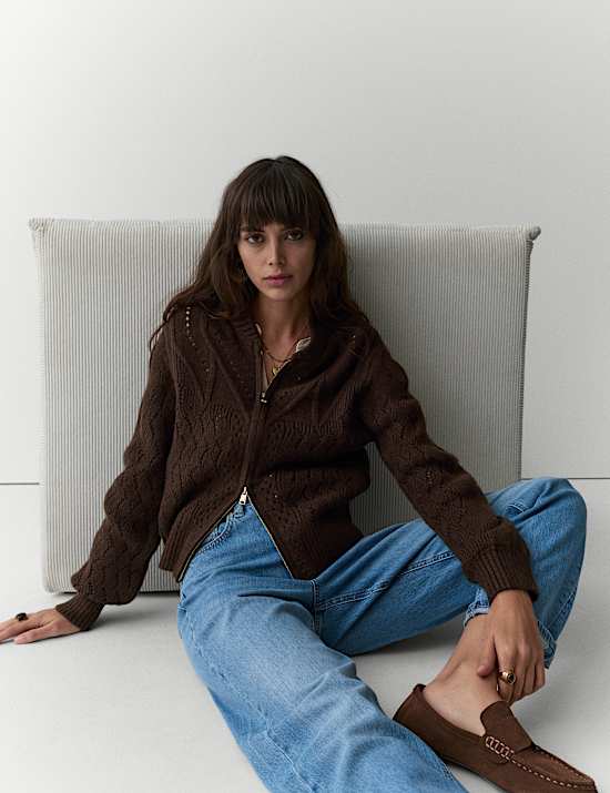 Cotton Blend Pointelle Bomber Cardigan with Wool