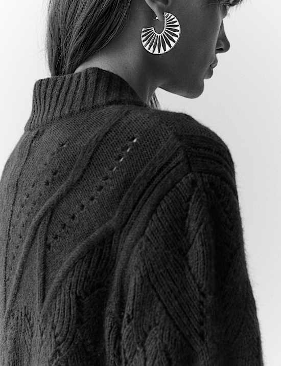 Cotton Blend Pointelle Bomber Cardigan with Wool