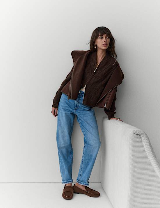 Cotton Blend Pointelle Bomber Cardigan with Wool