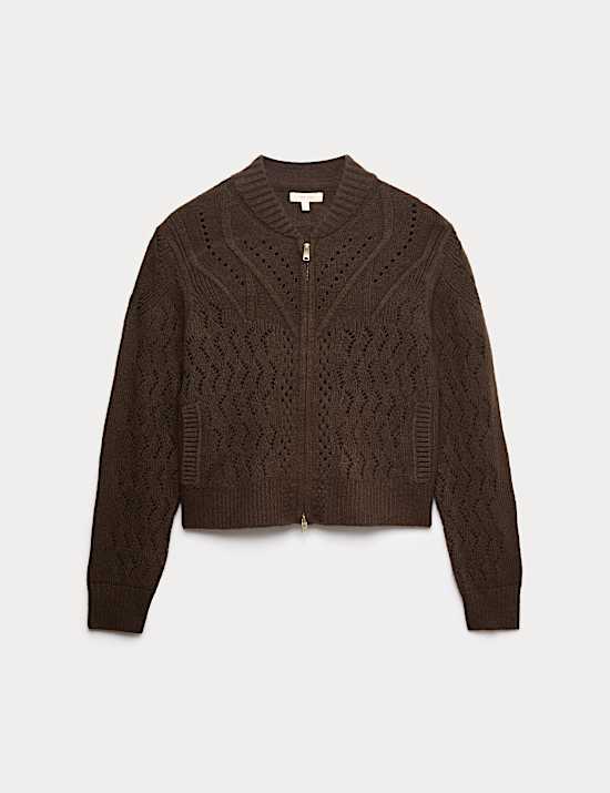 Cotton Blend Pointelle Bomber Cardigan with Wool