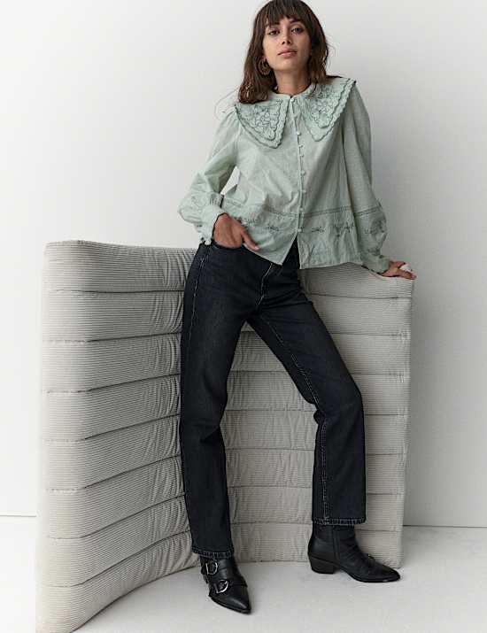 Pure Cotton Embroidered Double Collar Blouse