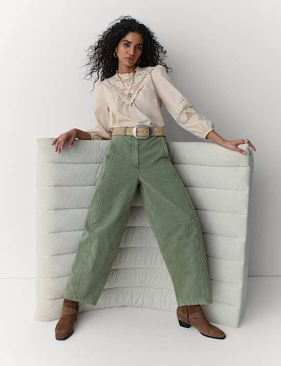 Pure Cotton Twill Studded Barrel Trousers