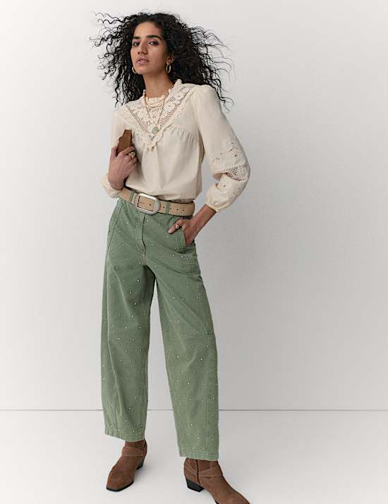 Pure Cotton Twill Studded Barrel Trousers