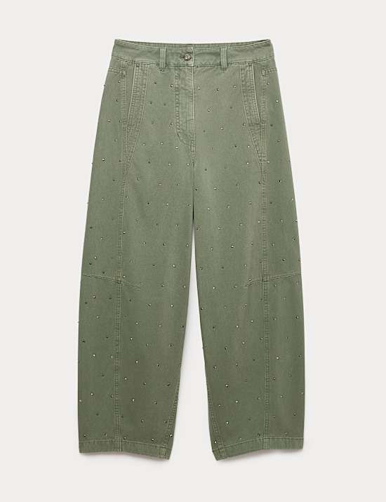 Pure Cotton Twill Studded Barrel Trousers