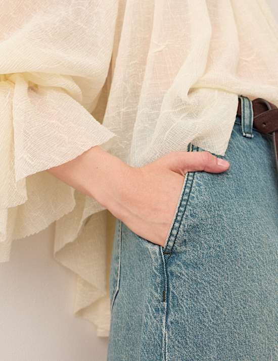 Denim Split Front Midi Straight Skirt