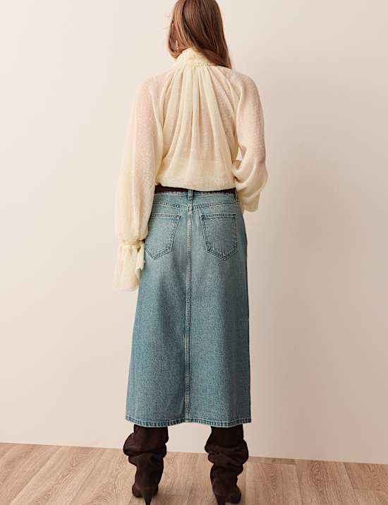 Denim Split Front Midi Straight Skirt