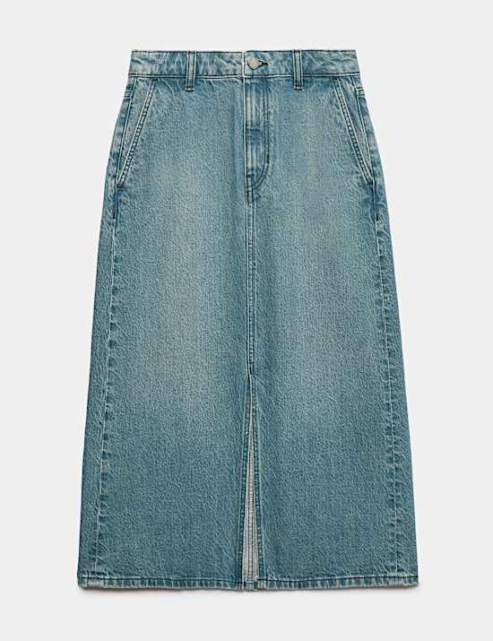 Denim Split Front Midi Straight Skirt