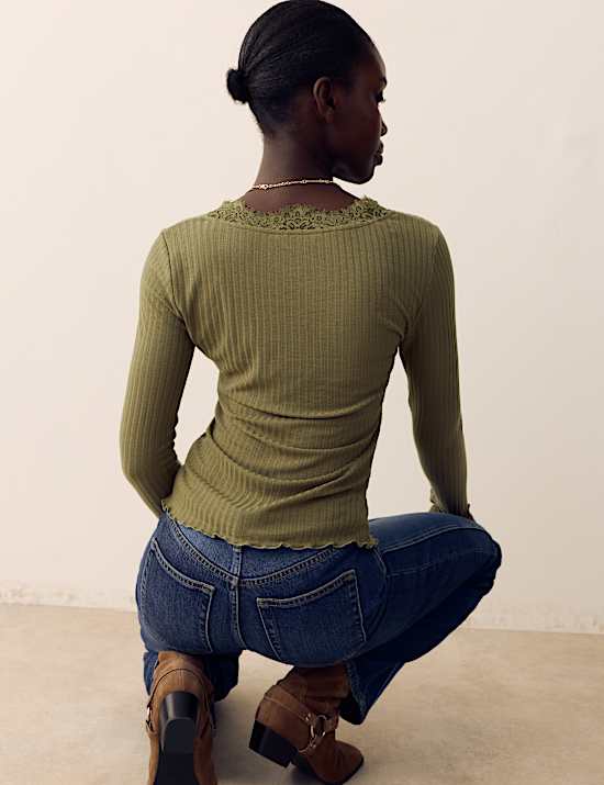 Lace Trim Pointelle Long Sleeve Top