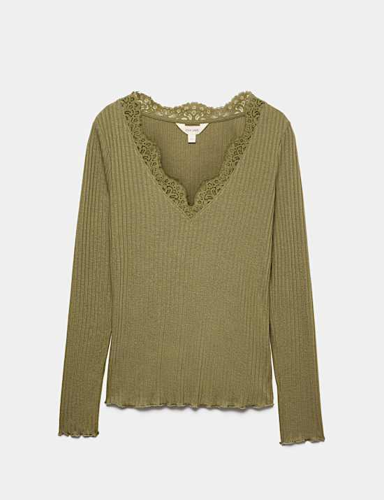 Lace Trim Pointelle Long Sleeve Top