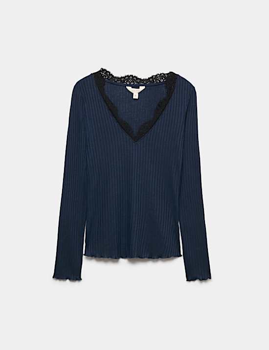 Lace Trim Pointelle Long Sleeve Top