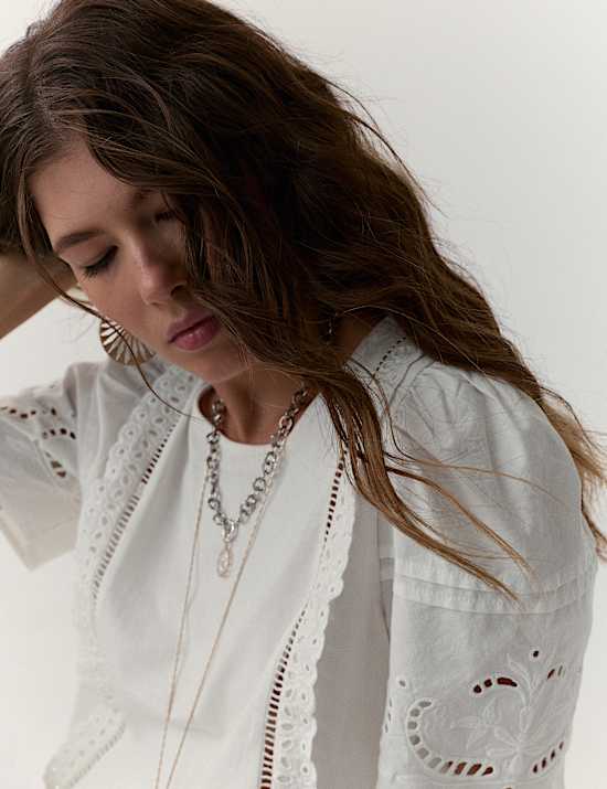 Pure Cotton Embroidered Lace Trim Top