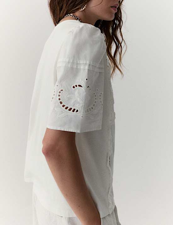 Pure Cotton Embroidered Lace Trim Top