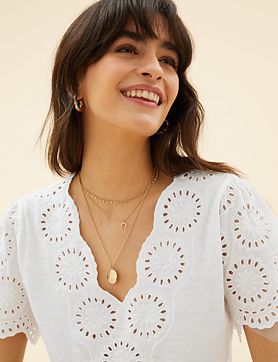 Pure Cotton Broderie V-Neck T-Shirt